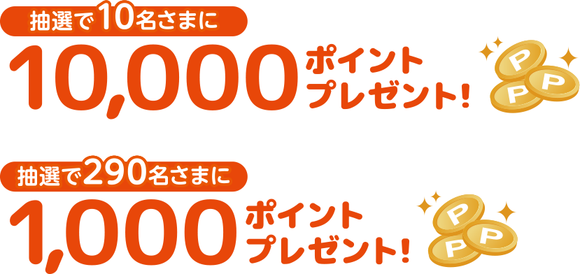 抽選で10名さまに10,000ポイントプレゼント、抽選で290名さまに1,000ポイントプレゼント